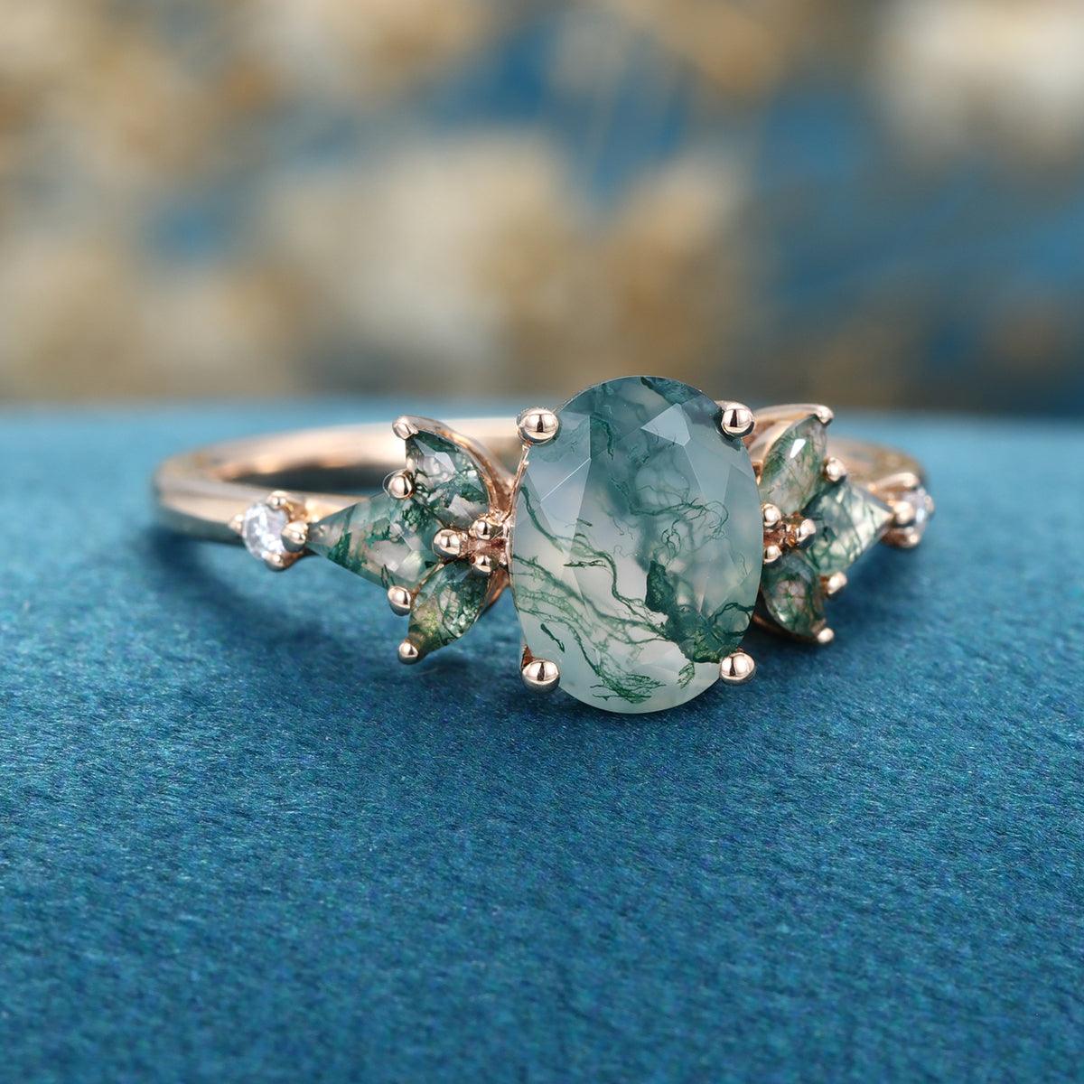 Oval cut Moss Agate + Diamonds Solid Gold Engagement Ring