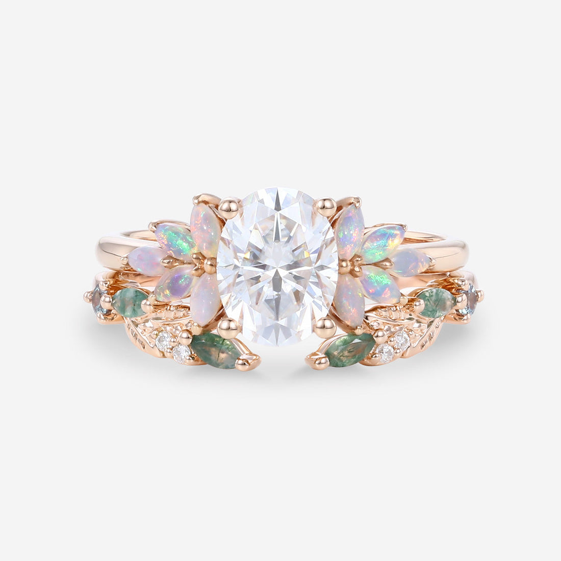 Oval cut Moissanite+ Opal Engagement ring Moss agate Wedding Bridal set