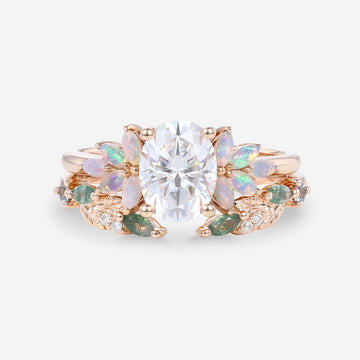 Oval cut Moissanite+ Opal Engagement ring Moss agate Wedding Bridal set