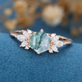 Hexagon Cut Natural Green Moss Agate Cluster Engagement Ring