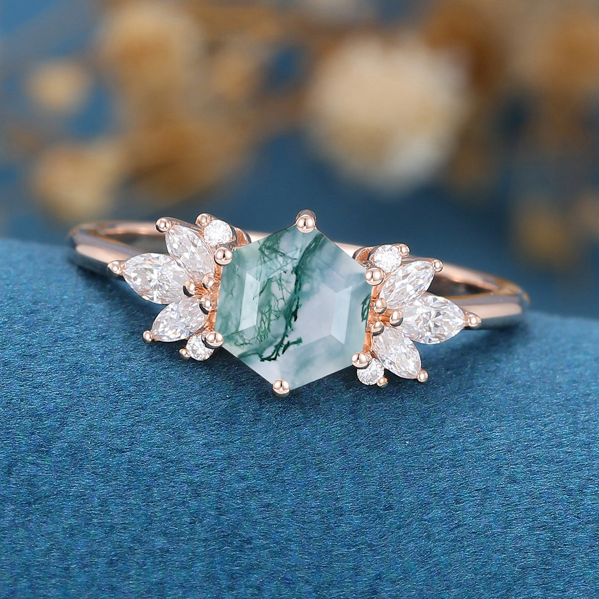 Hexagon Cut Natural Green Moss Agate Cluster Engagement Ring