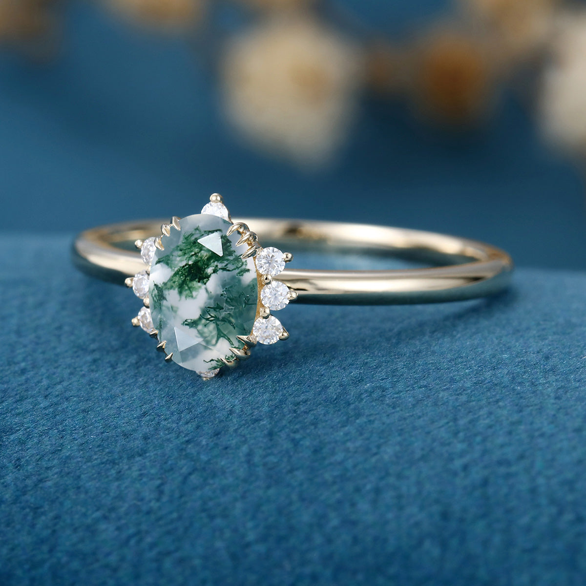 Natural Green Moss Agate Oval cut cluster Engagement Ring