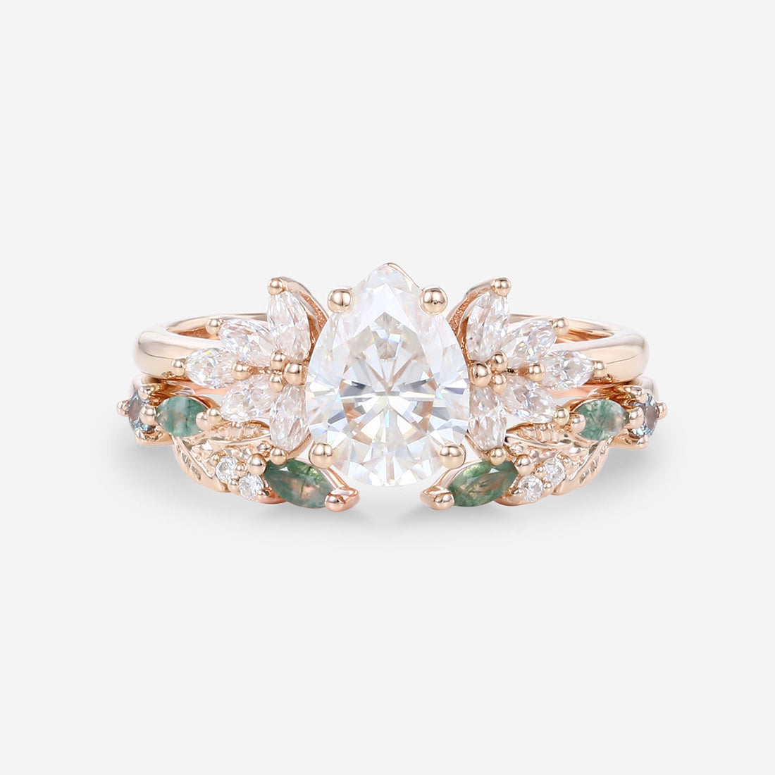 Pear cut Moissanite Engagement ring +Moss agate Wedding Bridal set