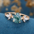 Pear Cut Natural Green Moss Agate Cluster Engagement Ring