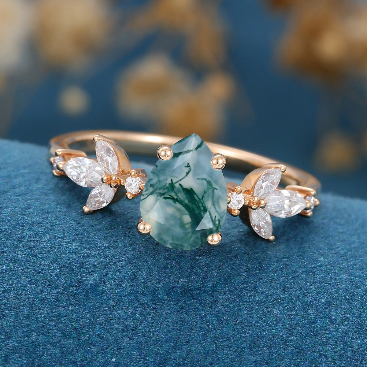 Pear Cut Natural Green Moss Agate Cluster Engagement Ring