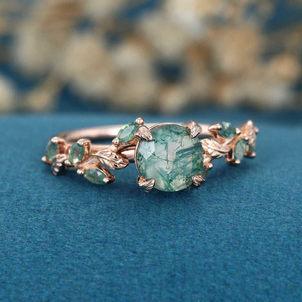 Nature Inspired Round cut Moss Agate Solid Gold Engagement Ring