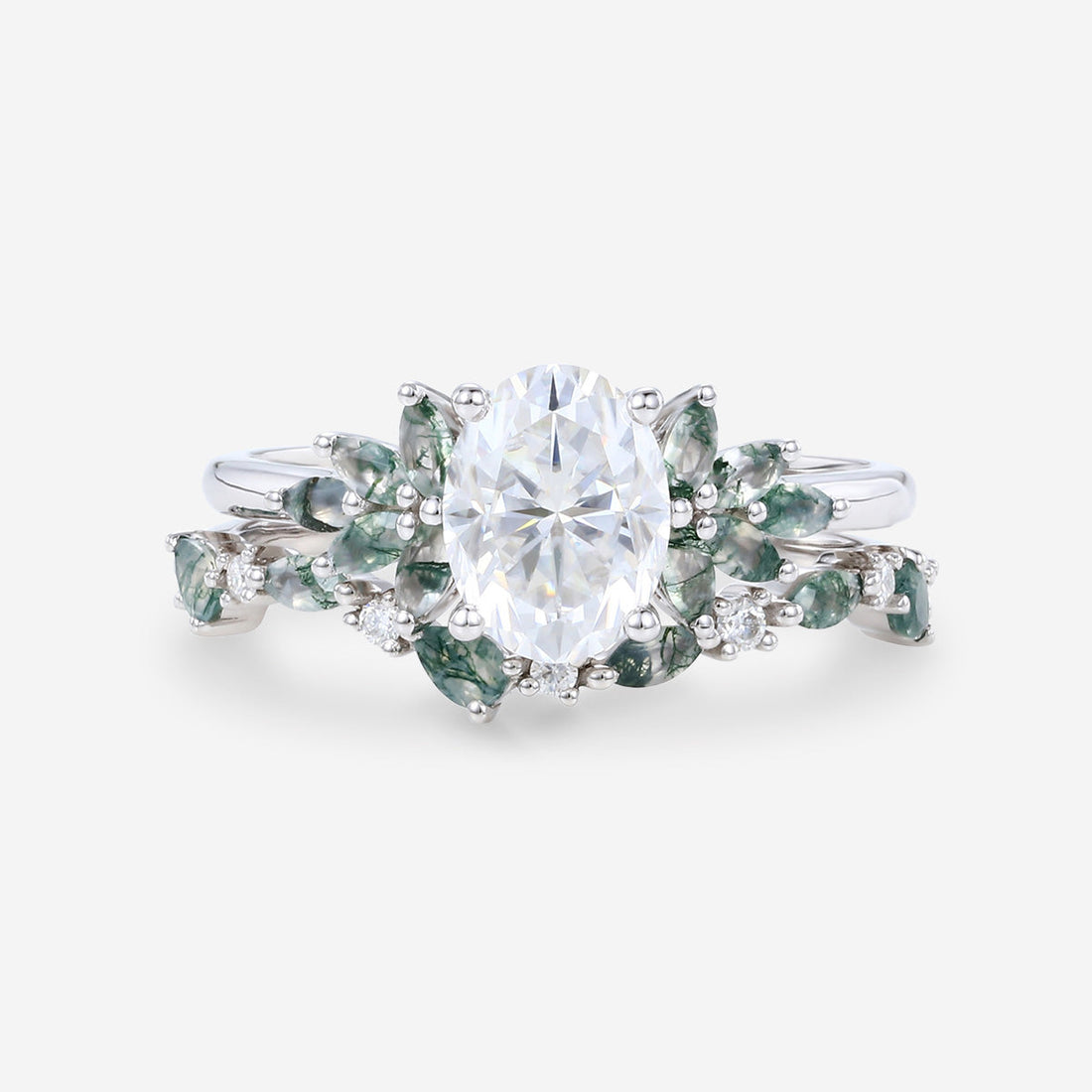 Oval cut Moissanite+ Opal Engagement ring Moss agate Wedding Bridal set (Copy)