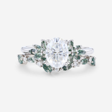 Oval cut Moissanite+ Opal Engagement ring Moss agate Wedding Bridal set (Copy)
