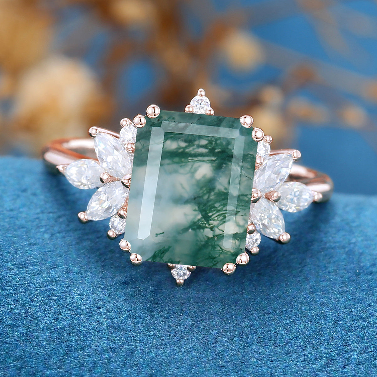 Emerald Cut Natural Green Moss Agate Cluster Engagement Ring