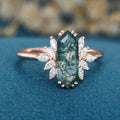 Long Hexagon cut Moss Agate Solid Gold Engagement Ring