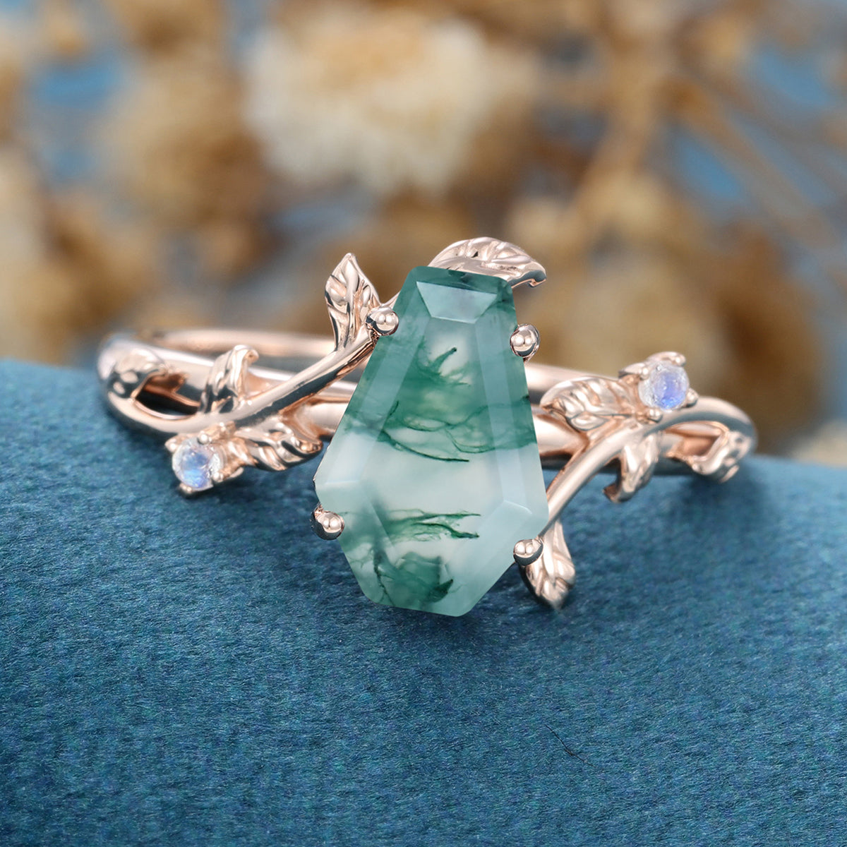 Coffin Cut Natural Green Moss Agate  Engagement Ring