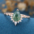 Pear Cut Natural Green Moss Agate Cluster Engagement Ring