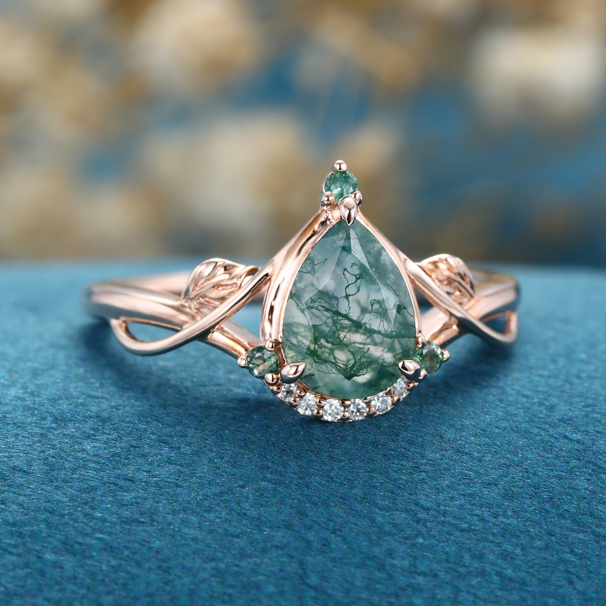 Nature Inspired Pear cut Moss Agate Solid Gold Engagement Ring