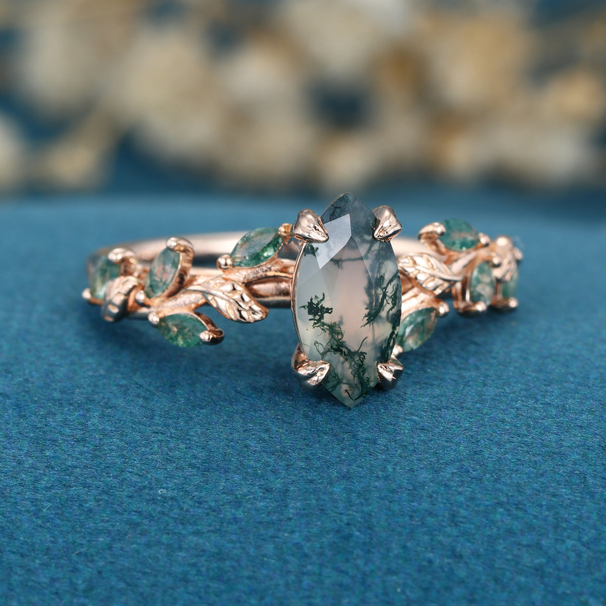 Nature Inspired Marquise cut Moss Agate Solid Gold Engagement Ring