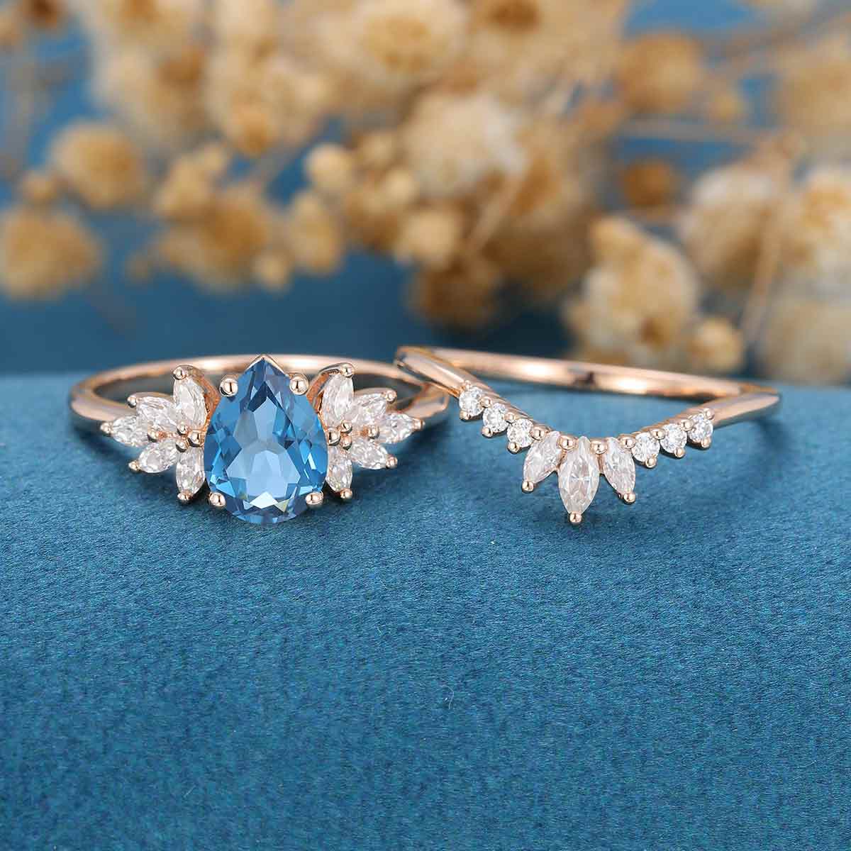 Pear cut London Blue Topaz Cluster Engagement ring Bridal Set