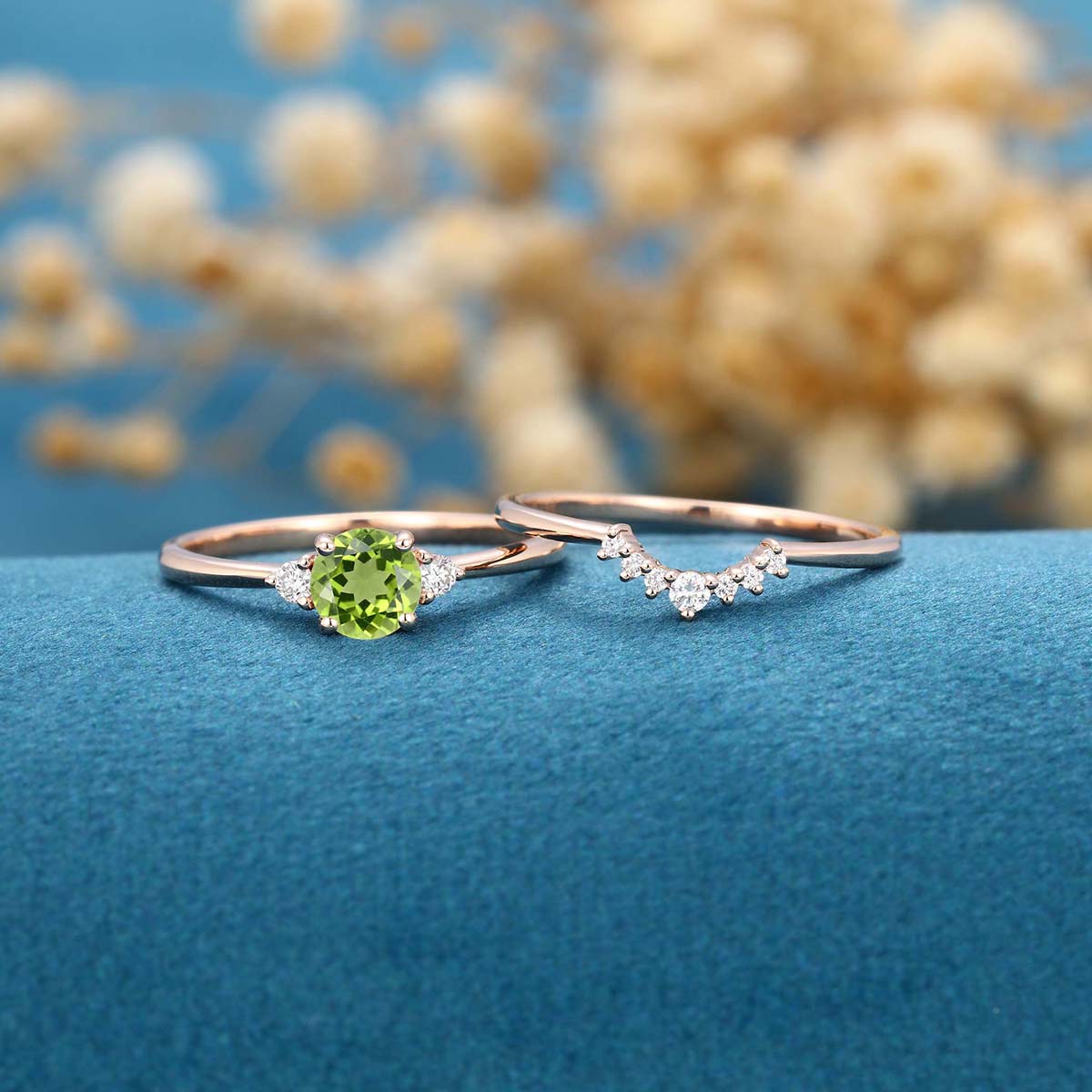 Round cut Olivine Cluster Engagement ring Bridal Set