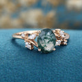 Oval cut Moss Agate + Diamonds Solid Gold Engagement Ring