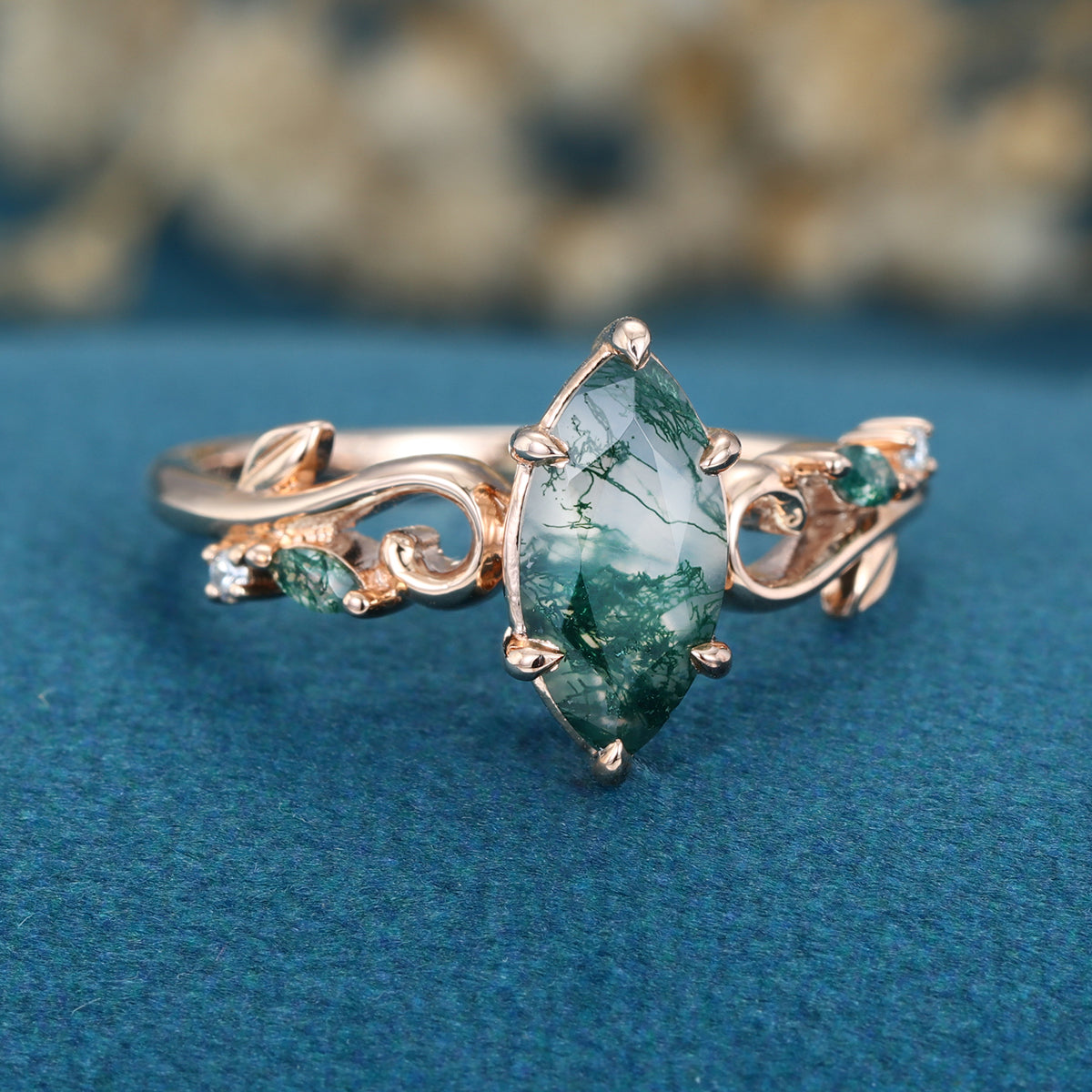 Nature Inspired Marquise cut Moss Agate Solid Gold Engagement Ring