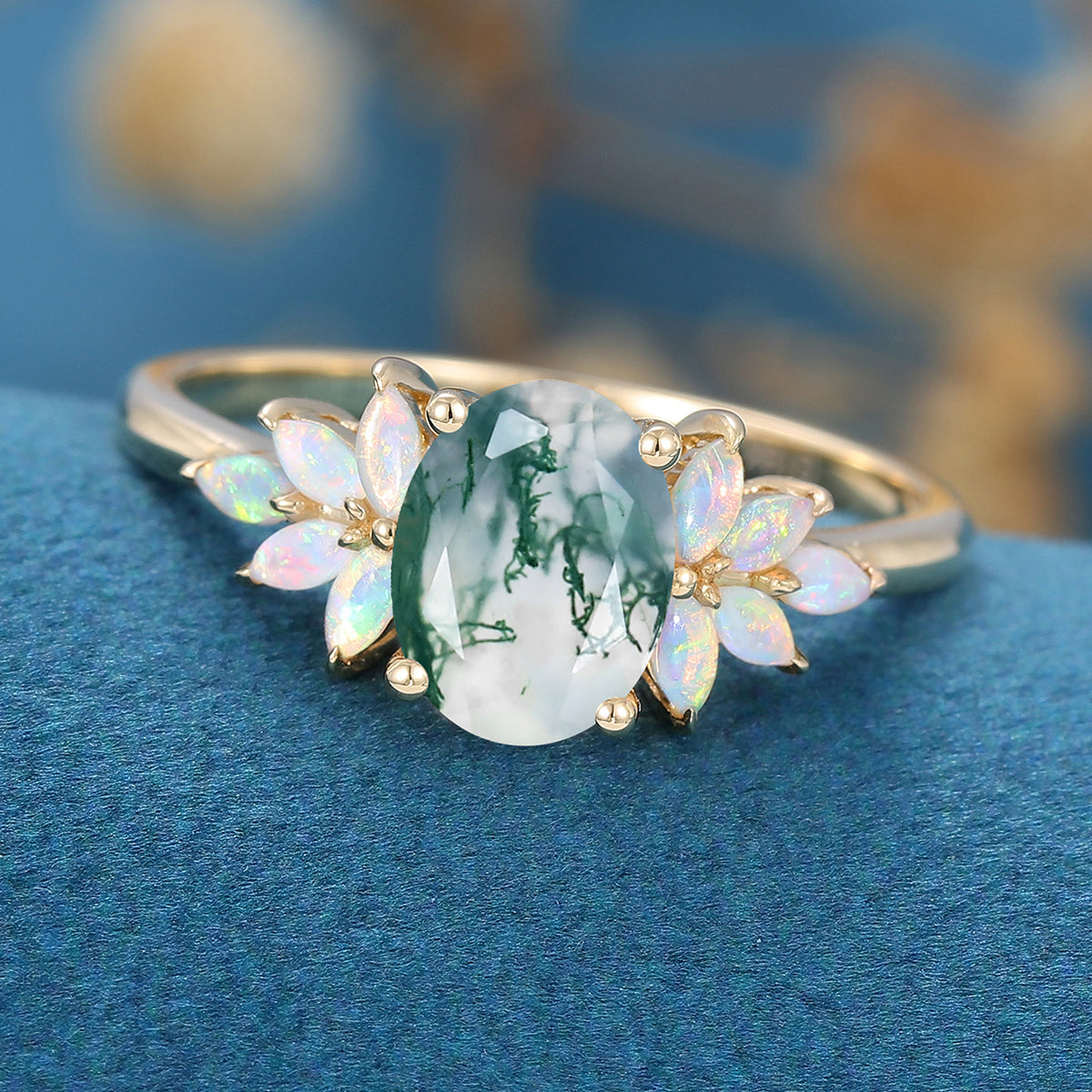 Oval Cut Natural Green Moss Agate Cluster Engagement Ring