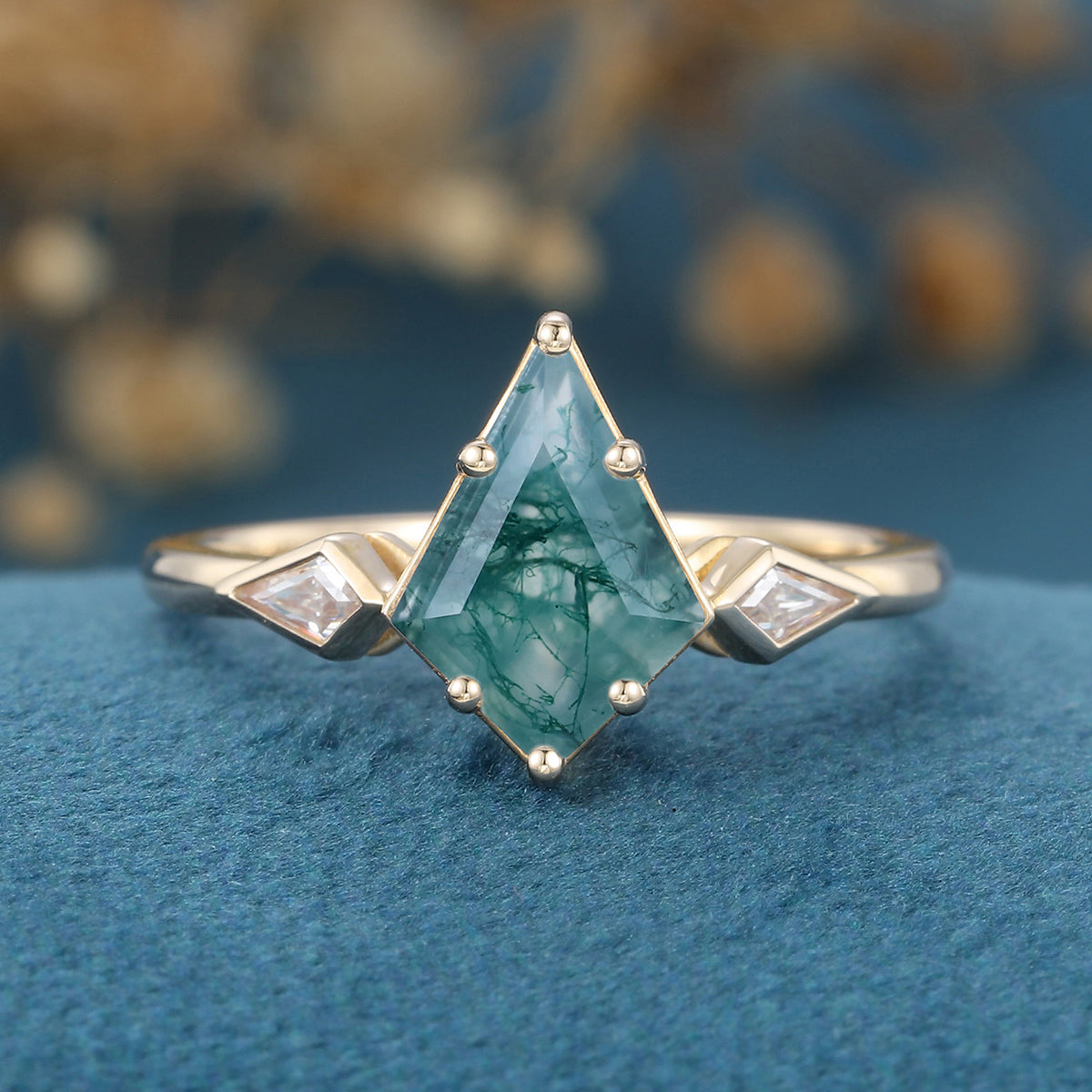 Kite Cut Natural Green Moss Agate Cluster Engagement Ring