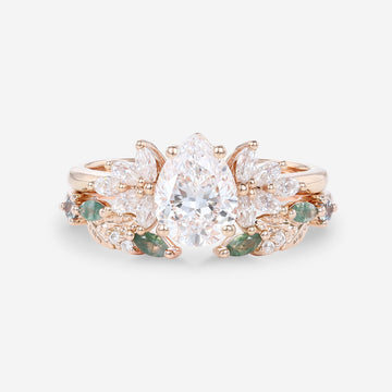 Pear cut Lab-Grown Diamond Engagement ring +Moss agate Wedding Bridal set