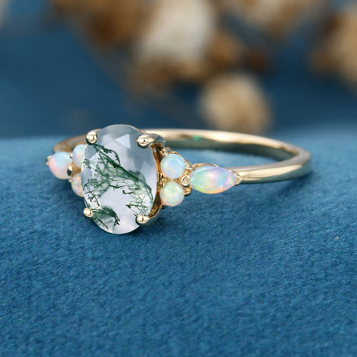 Natural Green Moss Agate Oval cut cluster Engagement Ring