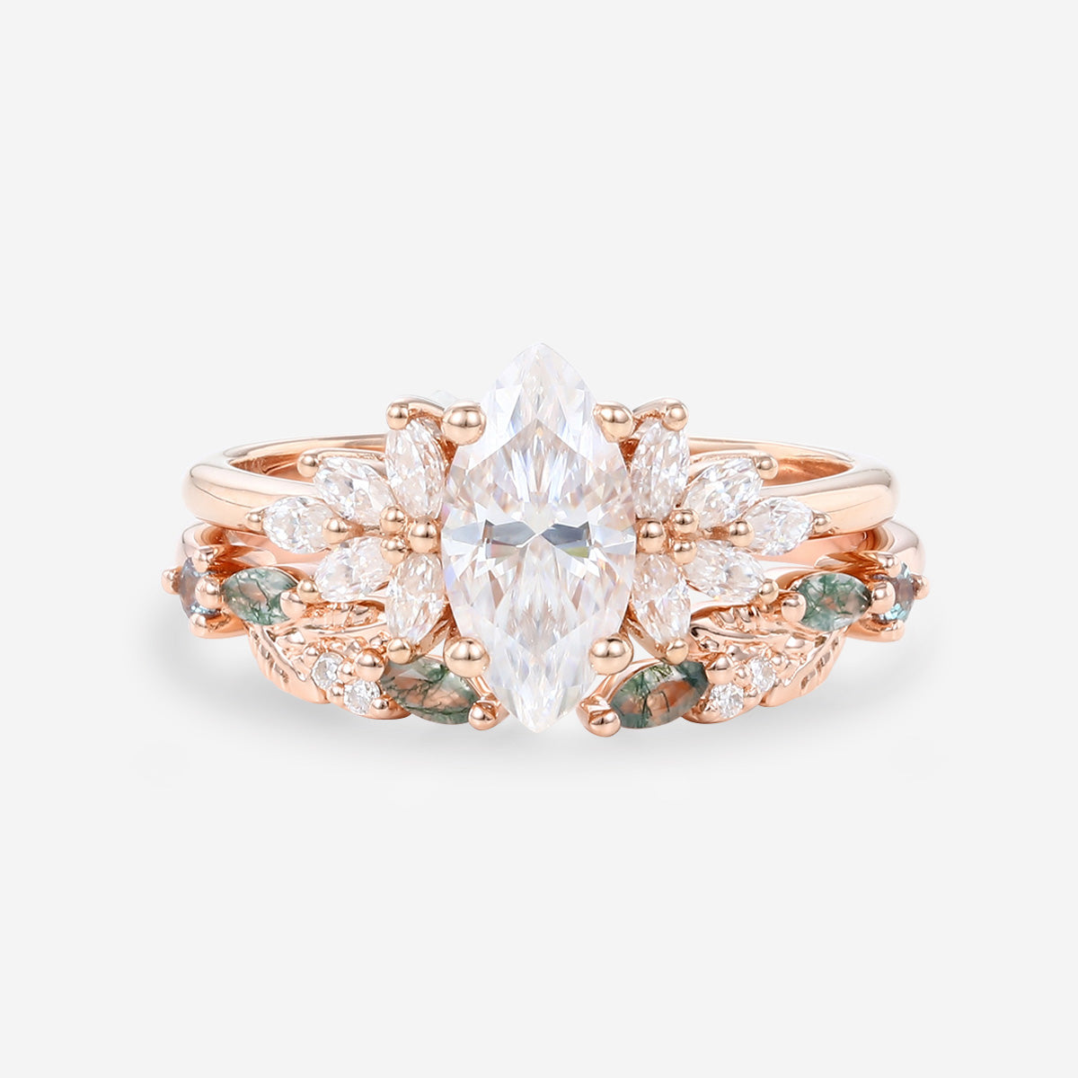 Marquise cut Moissanite Engagement ring +Moss agate Wedding Bridal set