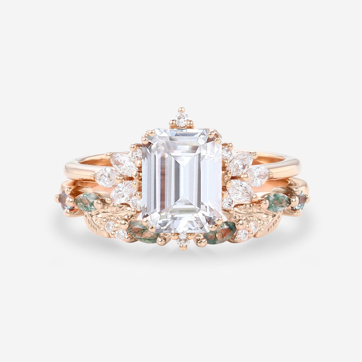 Emerald cut Moissanite Engagement ring +Moss agate Wedding Bridal set