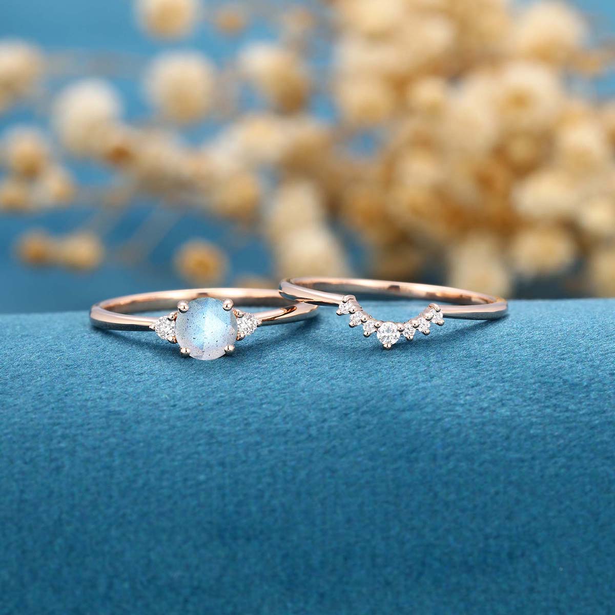 Round cut Labradorite Cluster Engagement ring Bridal Set