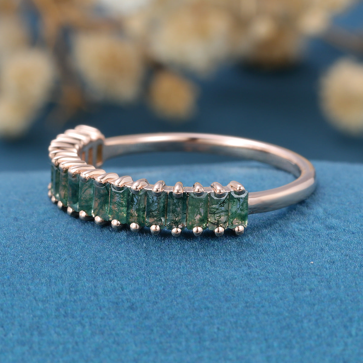 Baguette Moss Agate Half Eternity Wedding Band