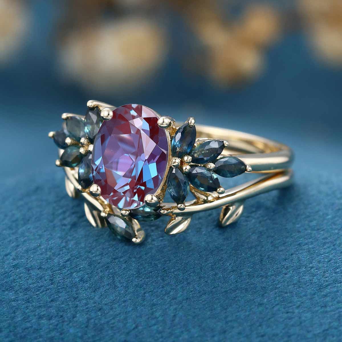Oval cut Alexandrite Cluster Engagement Ring Bridal Set