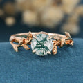 Nature Inspired Round cut Moss Agate Leaf Gold Engagement Ring