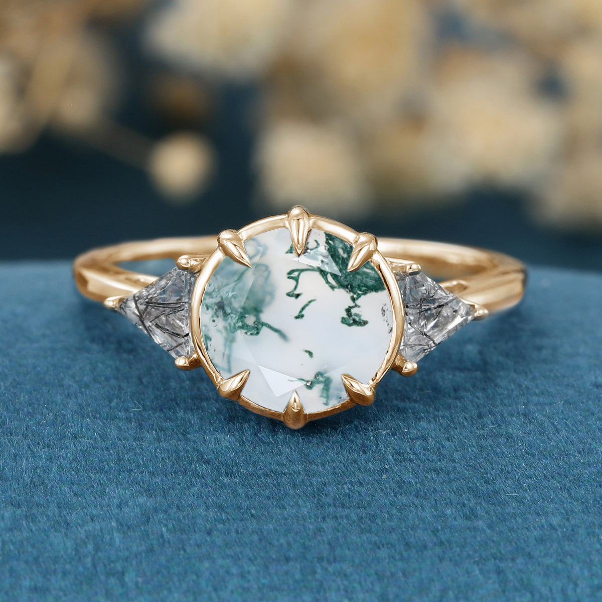Solitaire Bezel Set Round cut Moss Agate Gold Engagement Ring