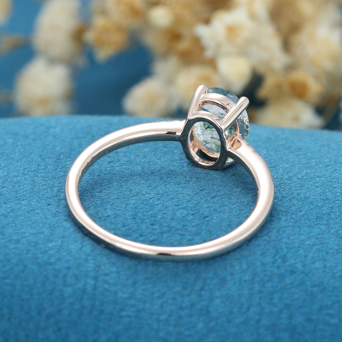 Oval Cut Natural Green Moss Agate Cluster Engagement Ring