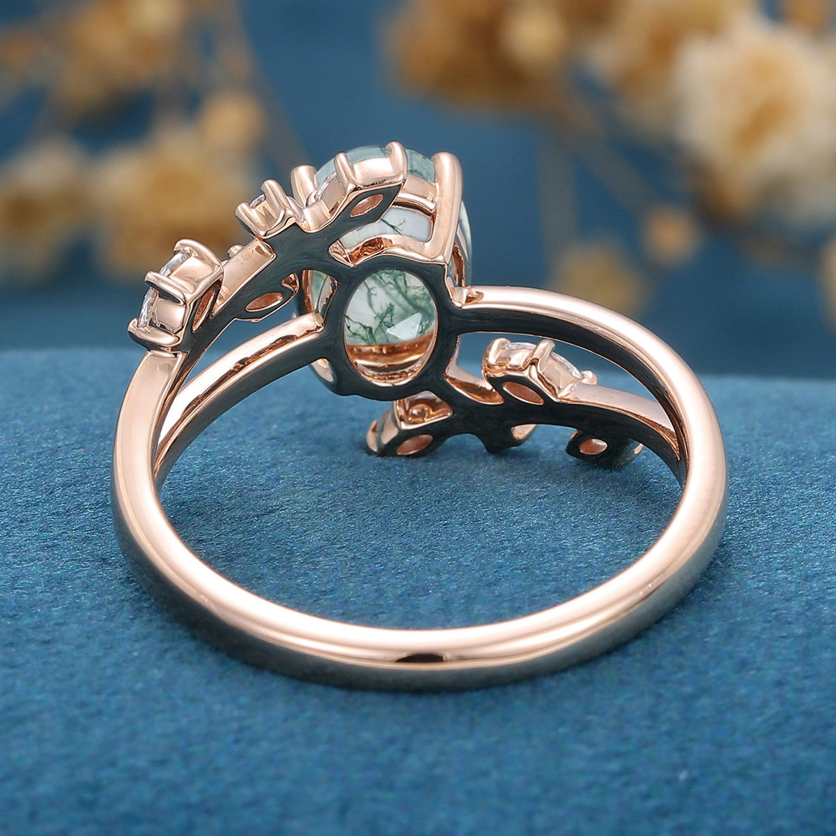 Natural Green Moss Agate Oval cut cluster Engagement Ring