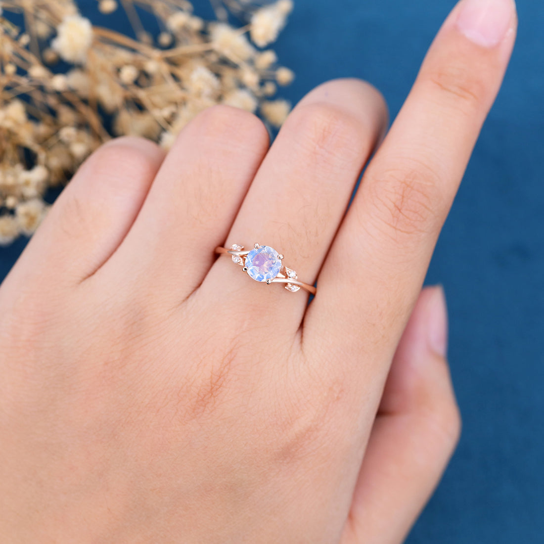 Round cut Moonstone Engagement Ring Matching Moissanite | Diamonds Gold Engagement Ring