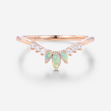 Marquise cut Opal Round Moissanite | Diamond Curved Wedding Band Ring