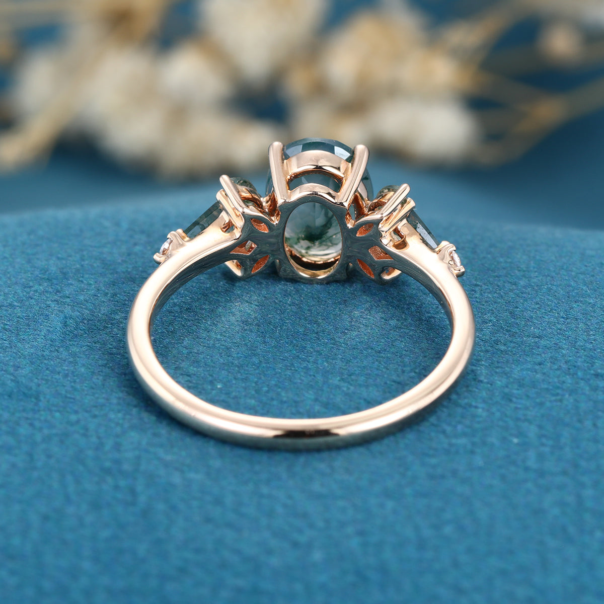 Oval cut Moss Agate + Diamonds Solid Gold Engagement Ring
