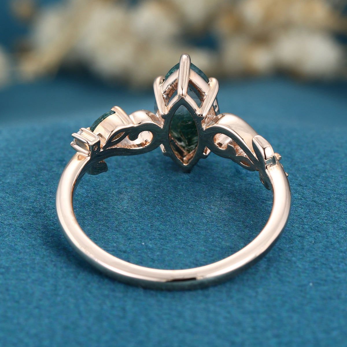 Nature Inspired Marquise cut Moss Agate Solid Gold Engagement Ring