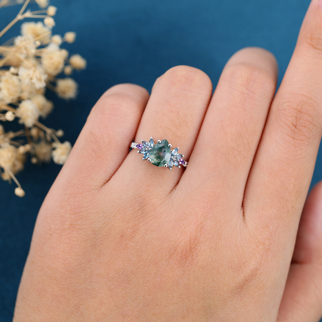 Pear Cut Moss Agate Solid Gold Engagement Ring