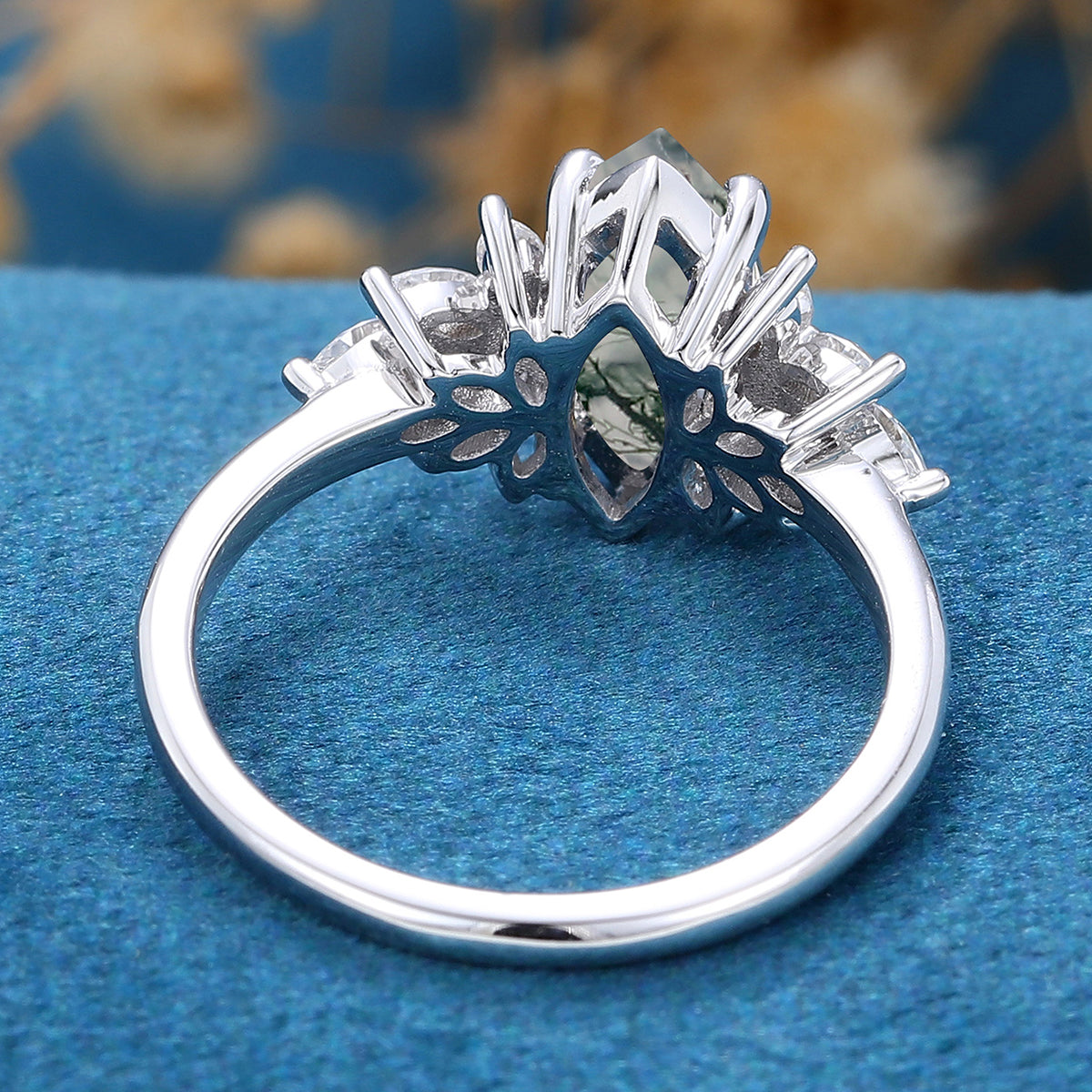 Marquise Cut Natural Green Moss Agate Cluster Engagement Ring