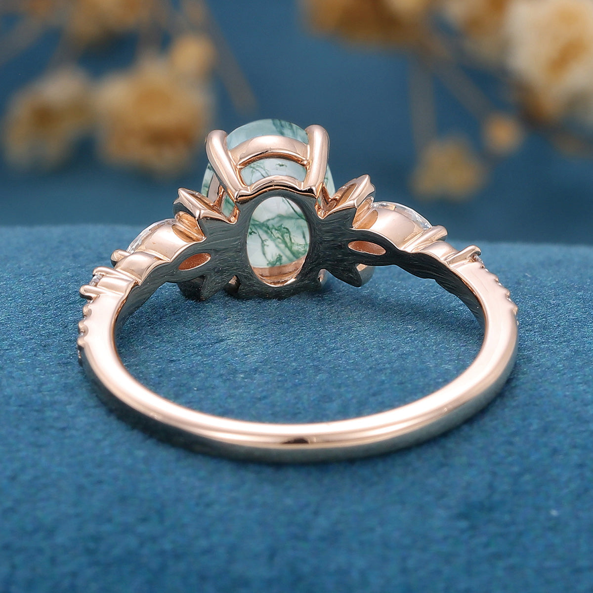 Natural Green Moss Agate Oval cut cluster Engagement Ring