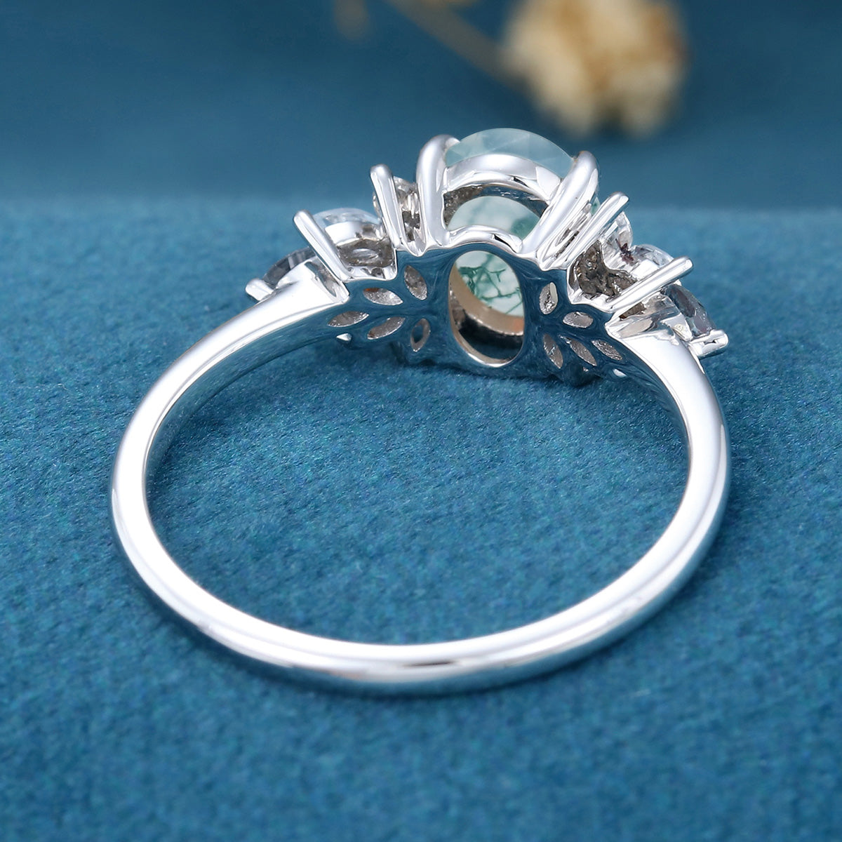Natural Green Moss Agate Oval cut cluster Engagement Ring