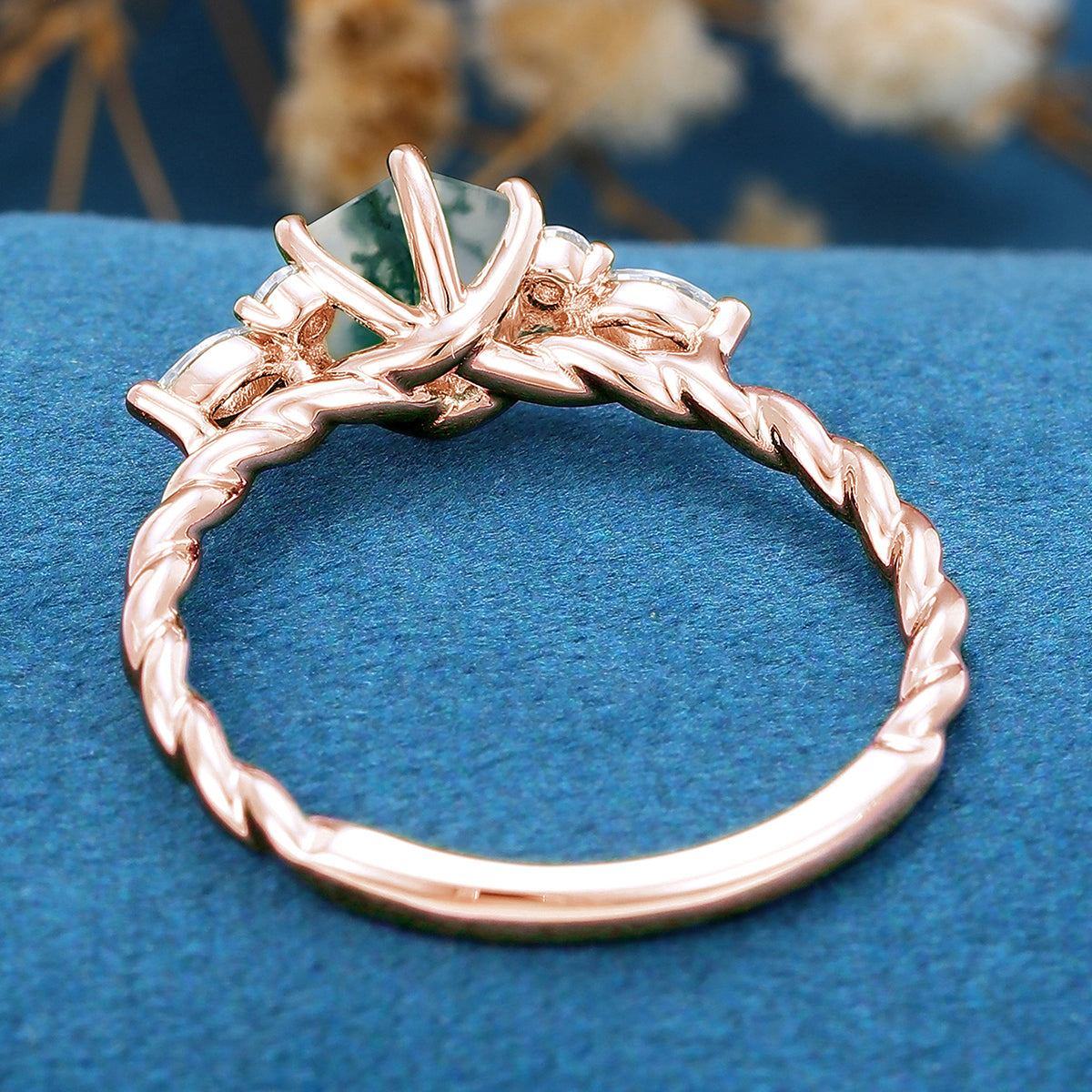 Hexagon Cut Natural Green Moss Agate Cluster Engagement Ring