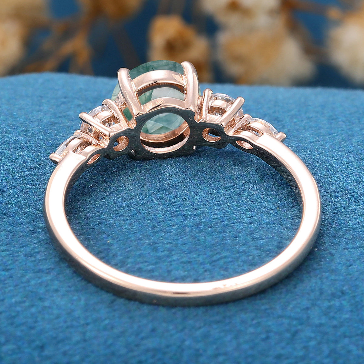 Round Cut Natural Green Moss Agate Cluster Engagement Ring