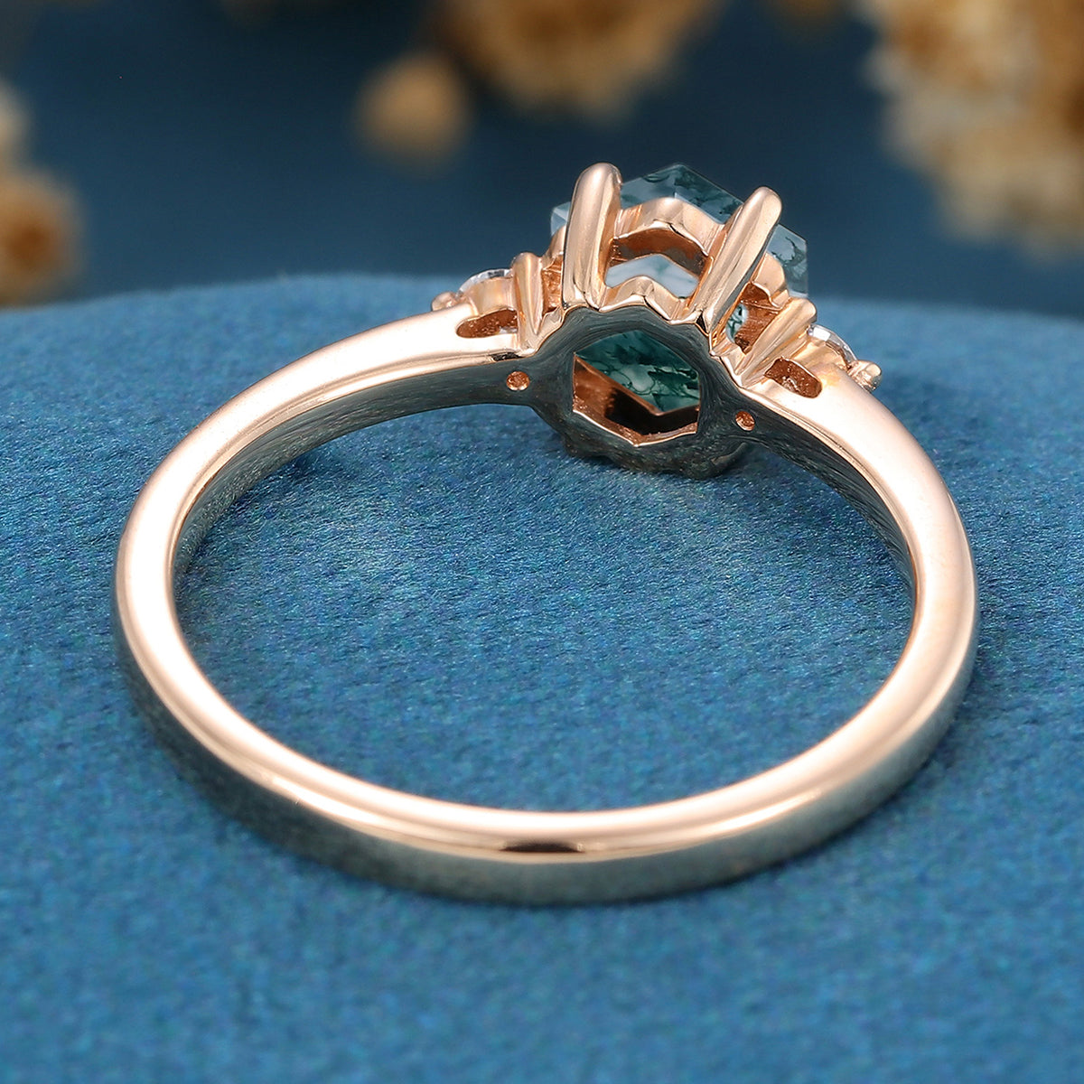 Hexagon Cut Natural Green Moss Agate Cluster Engagement Ring