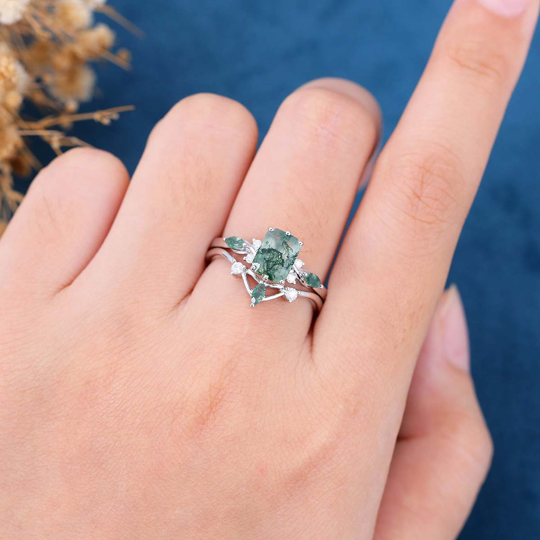 Emerald cut Moss Agate Matching Moissanite | Diamonds Gold Bridal Set
