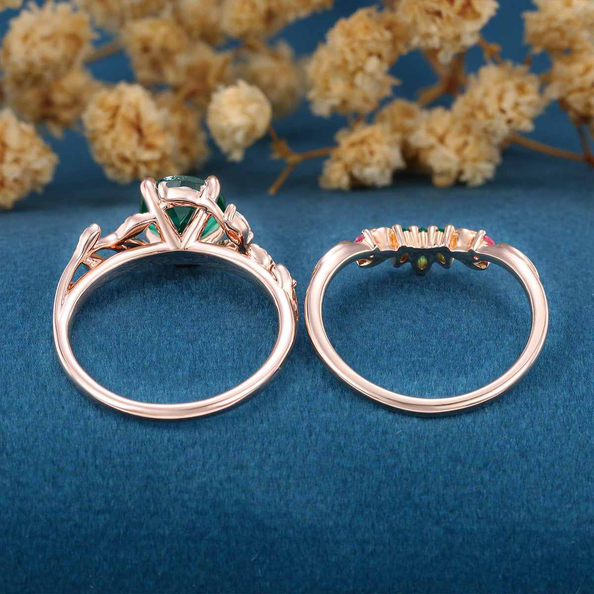 Round cut Lab Emerald  + Pink Sapphire | Emerald Wedding bridal set