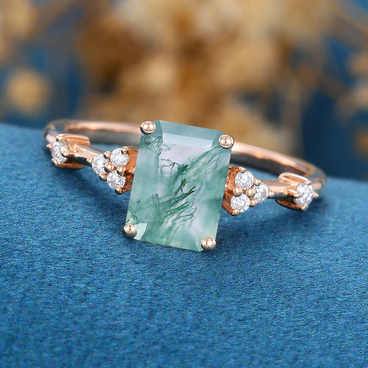 Emerald Cut Natural Green Moss Agate Cluster Engagement Ring