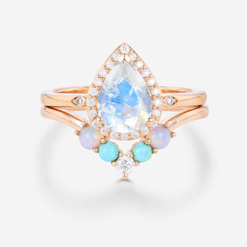 Pear cut Moonstone Halo Engagement ring Bridal Set
